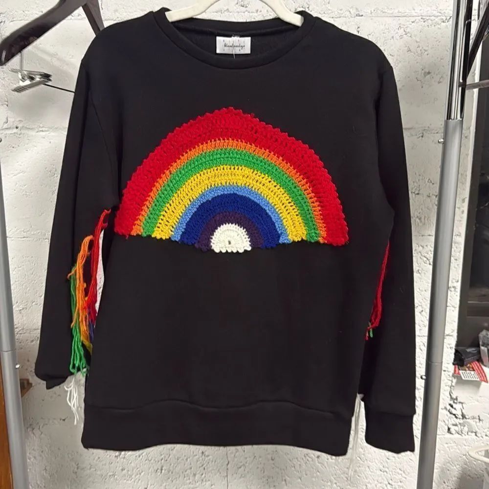 Black Rainbow Sweatshirt - Rainbow Color Fringe - BRAND NEW - Size Small NWOT